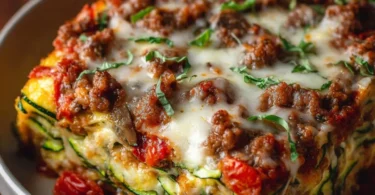 Zucchini pizza casserole served in a baking dish with cheese and toppings