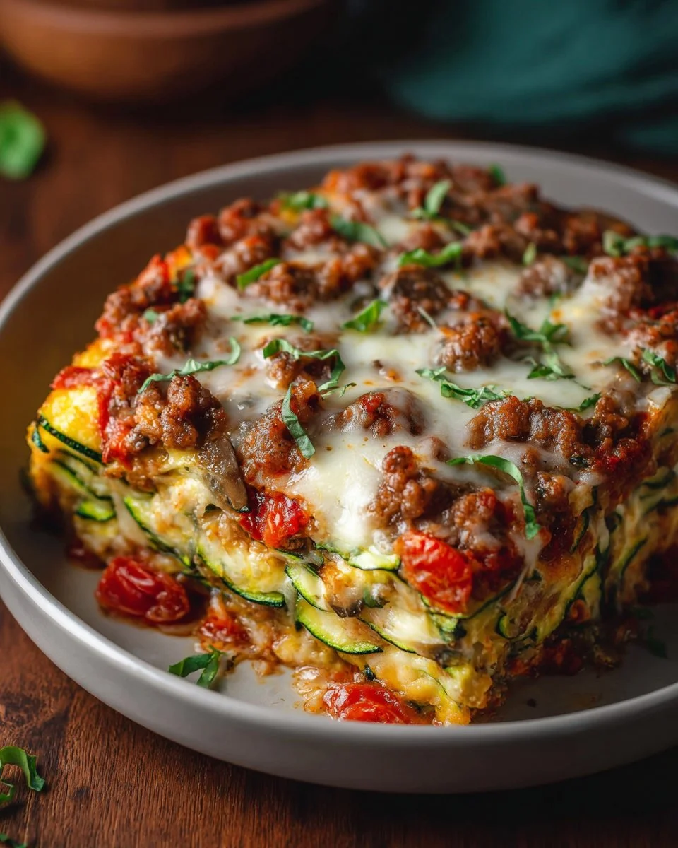 Zucchini pizza casserole served in a baking dish with cheese and toppings