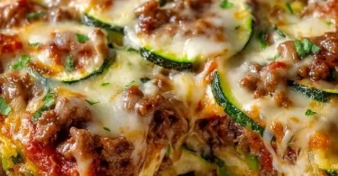 Delicious Zucchini Pizza Casserole served in a glass dish