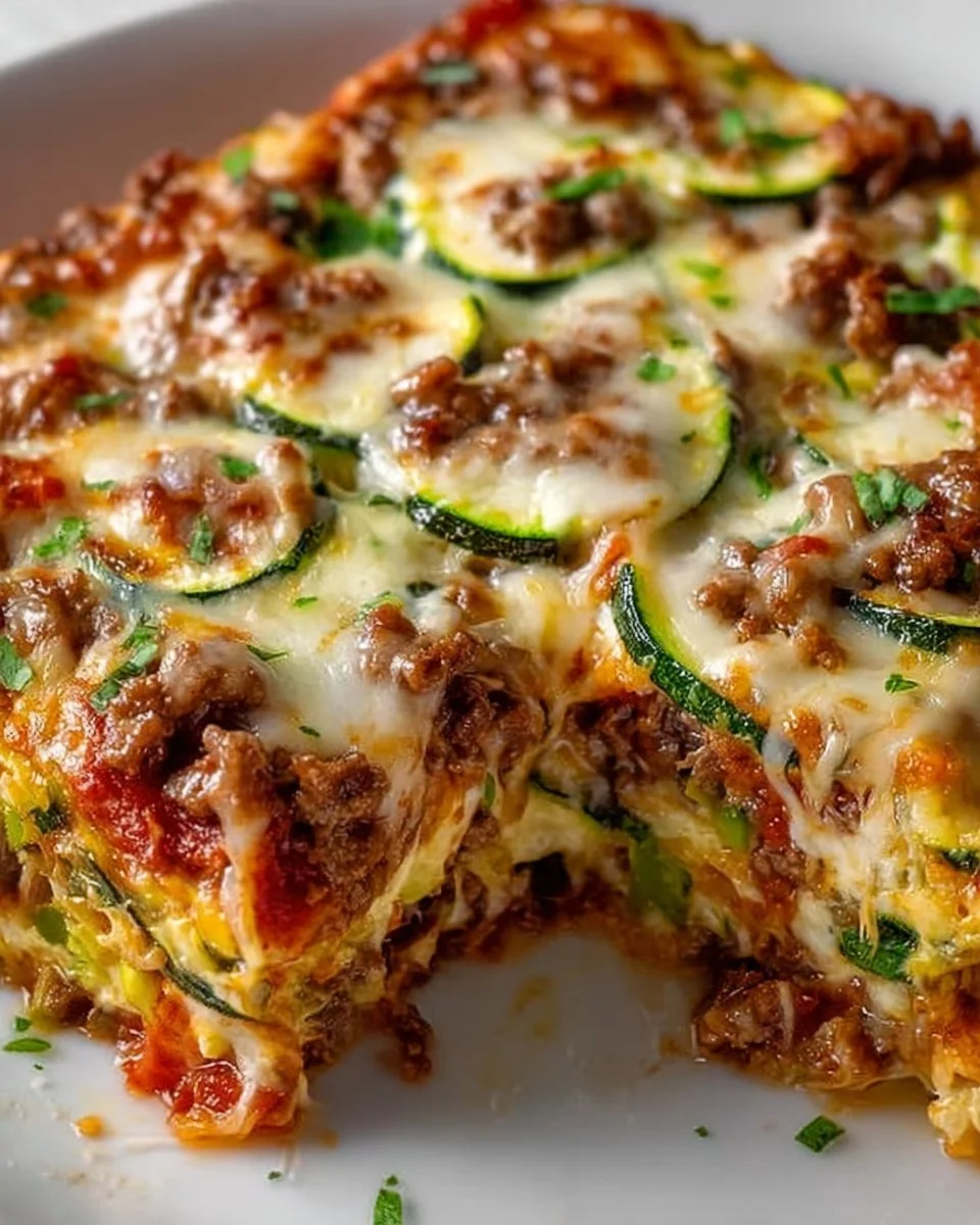 Delicious Zucchini Pizza Casserole served in a glass dish