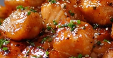 Air fryer honey garlic salmon bites served on a plate.