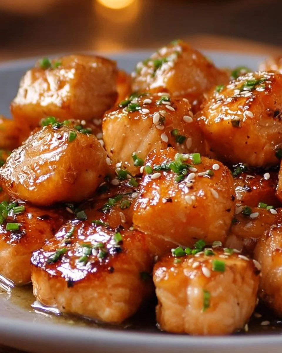 Air fryer honey garlic salmon bites served on a plate.