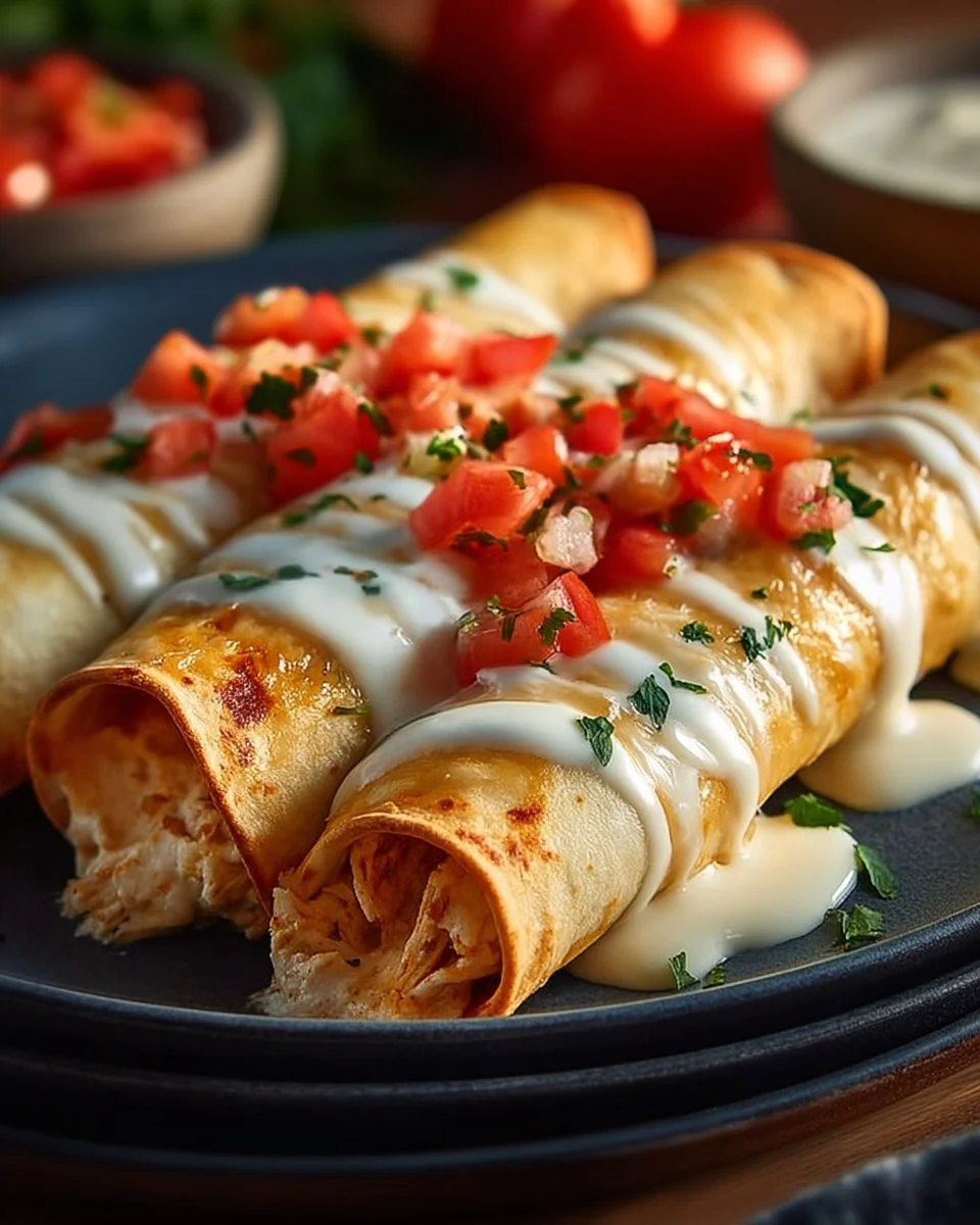 Baked Cream Cheese Chicken Taquitos served with dipping sauce
