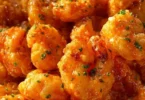 Plate of Bang Bang Shrimp garnished with green onions and sesame seeds