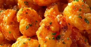 Plate of Bang Bang Shrimp garnished with green onions and sesame seeds