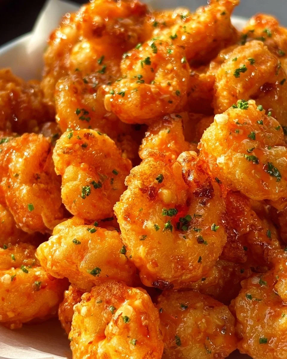Plate of Bang Bang Shrimp garnished with green onions and sesame seeds