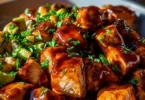BBQ chicken sweet potato bowl with fresh toppings and vibrant colors