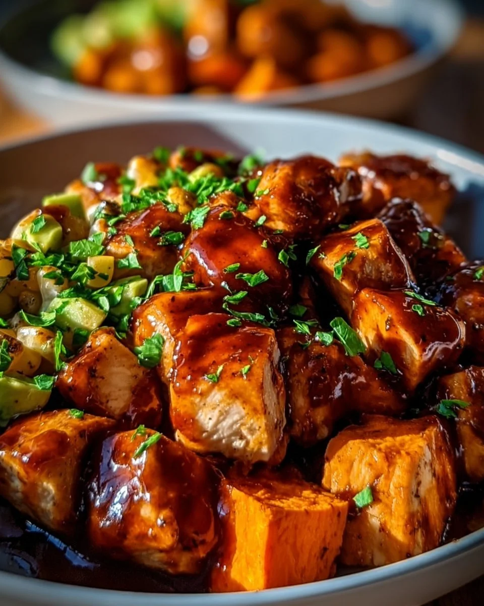 BBQ chicken sweet potato bowl with fresh toppings and vibrant colors