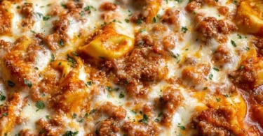 Delicious Beefy Tortellini Bake served in a dish