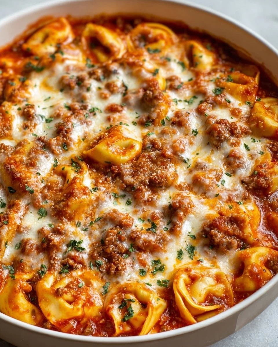 Delicious Beefy Tortellini Bake served in a dish