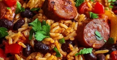 Delicious black beans and rice with sausage served on a plate.