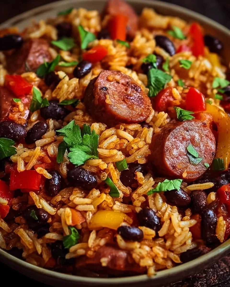 Delicious black beans and rice with sausage served on a plate.