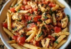 A plate of Bruschetta Chicken Pasta topped with fresh basil and tomatoes
