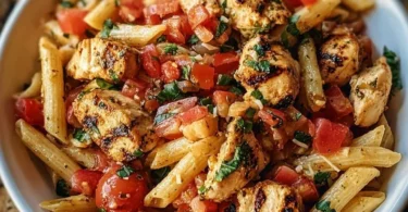 A plate of Bruschetta Chicken Pasta topped with fresh basil and tomatoes