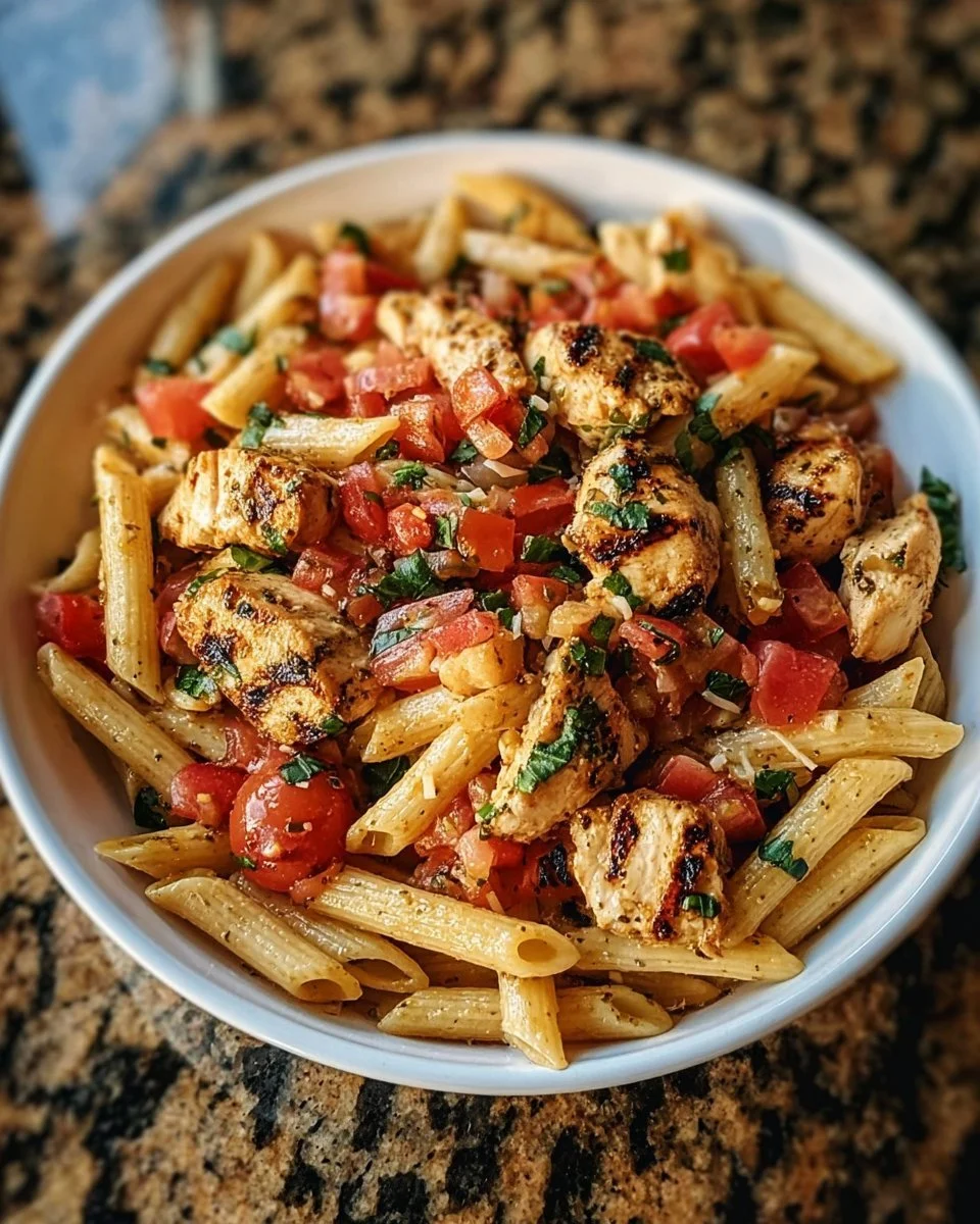 A plate of Bruschetta Chicken Pasta topped with fresh basil and tomatoes