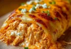 Delicious Buffalo Chicken Cheese Bake topped with melted cheese and buffalo sauce