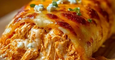 Delicious Buffalo Chicken Cheese Bake topped with melted cheese and buffalo sauce