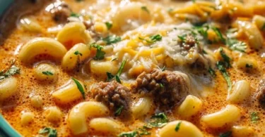 A bowl of cheeseburger macaroni soup garnished with herbs