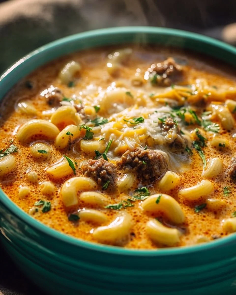 A bowl of cheeseburger macaroni soup garnished with herbs