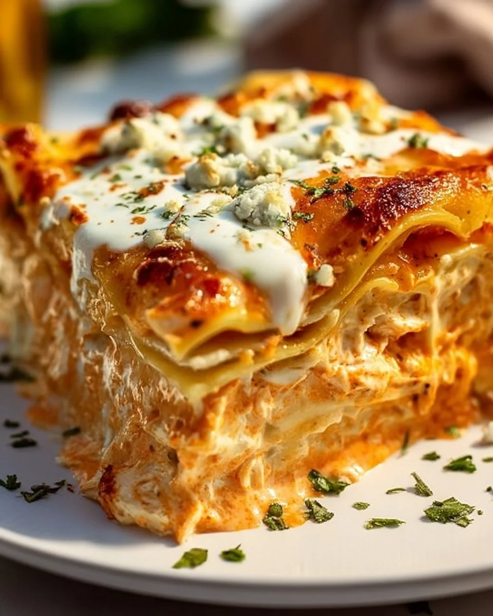 Delicious Cheesy Buffalo Ranch Chicken Lasagna topped with cheese and ranch dressing