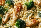 Creamy Cheesy Chicken Broccoli Orzo served in a bowl garnished with herbs