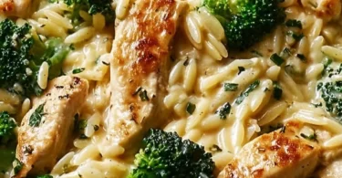 Creamy Cheesy Chicken Broccoli Orzo served in a bowl garnished with herbs