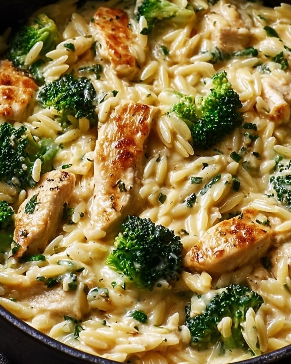 Creamy Cheesy Chicken Broccoli Orzo served in a bowl garnished with herbs