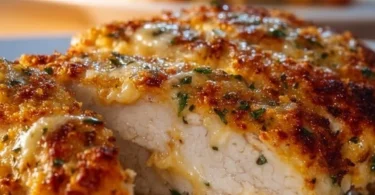 Delicious cheesy crust chicken with a golden crispy topping fresh out of the oven