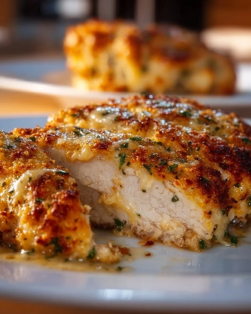Delicious cheesy crust chicken with a golden crispy topping fresh out of the oven