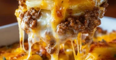 Cheesy hamburger potato casserole topped with melted cheese and crispy potatoes