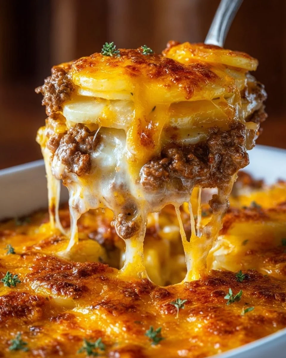 Cheesy hamburger potato casserole topped with melted cheese and crispy potatoes