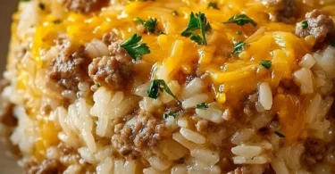 Cheesy Hamburger Rice Casserole in a baking dish ready to serve