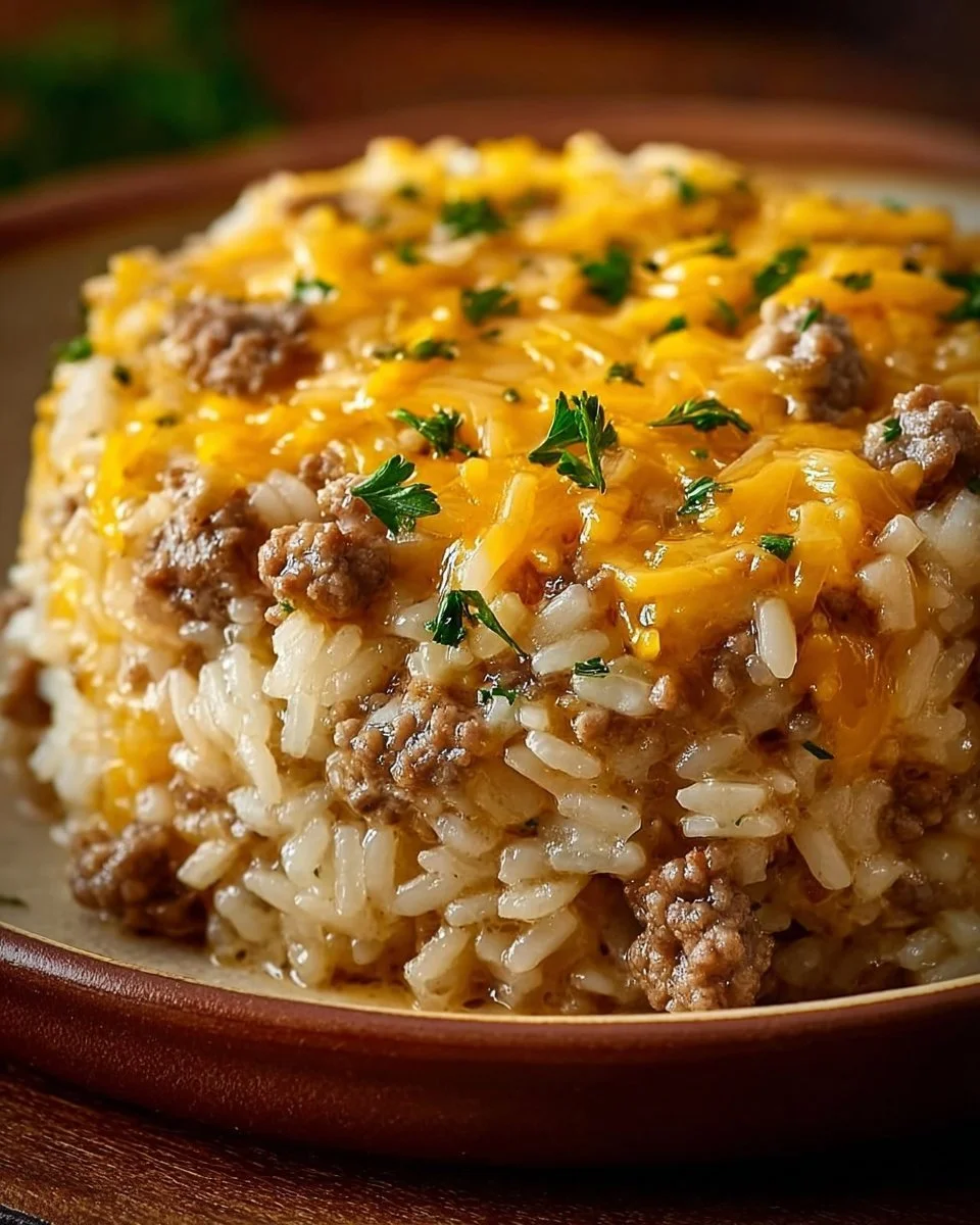 Cheesy Hamburger Rice Casserole in a baking dish ready to serve