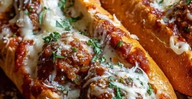Cheesy meatball sub sandwich with melted cheese and savory meatballs