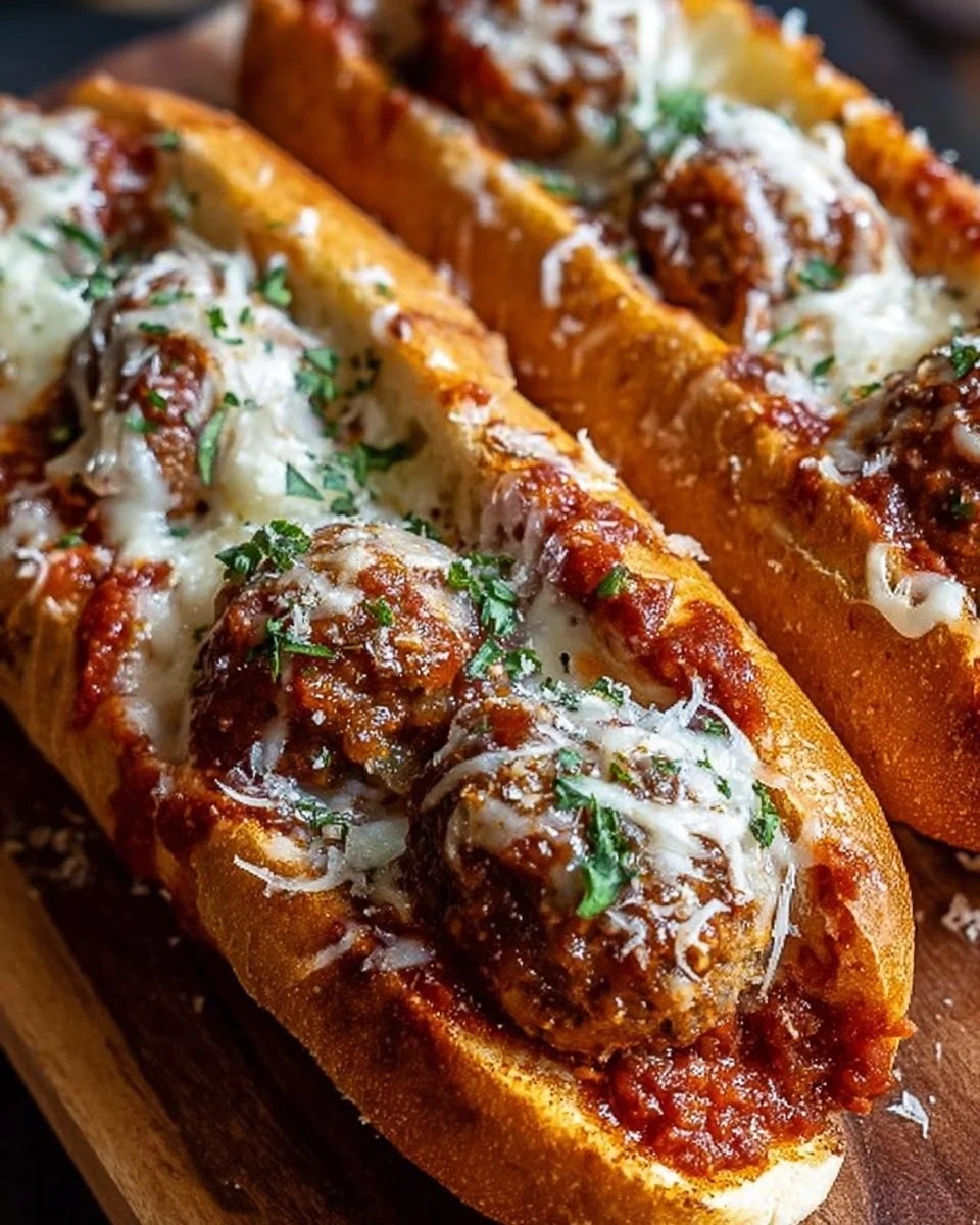 Cheesy meatball sub sandwich with melted cheese and savory meatballs