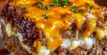 Delicious Cheesy Meatloaf Casserole served in a baking dish