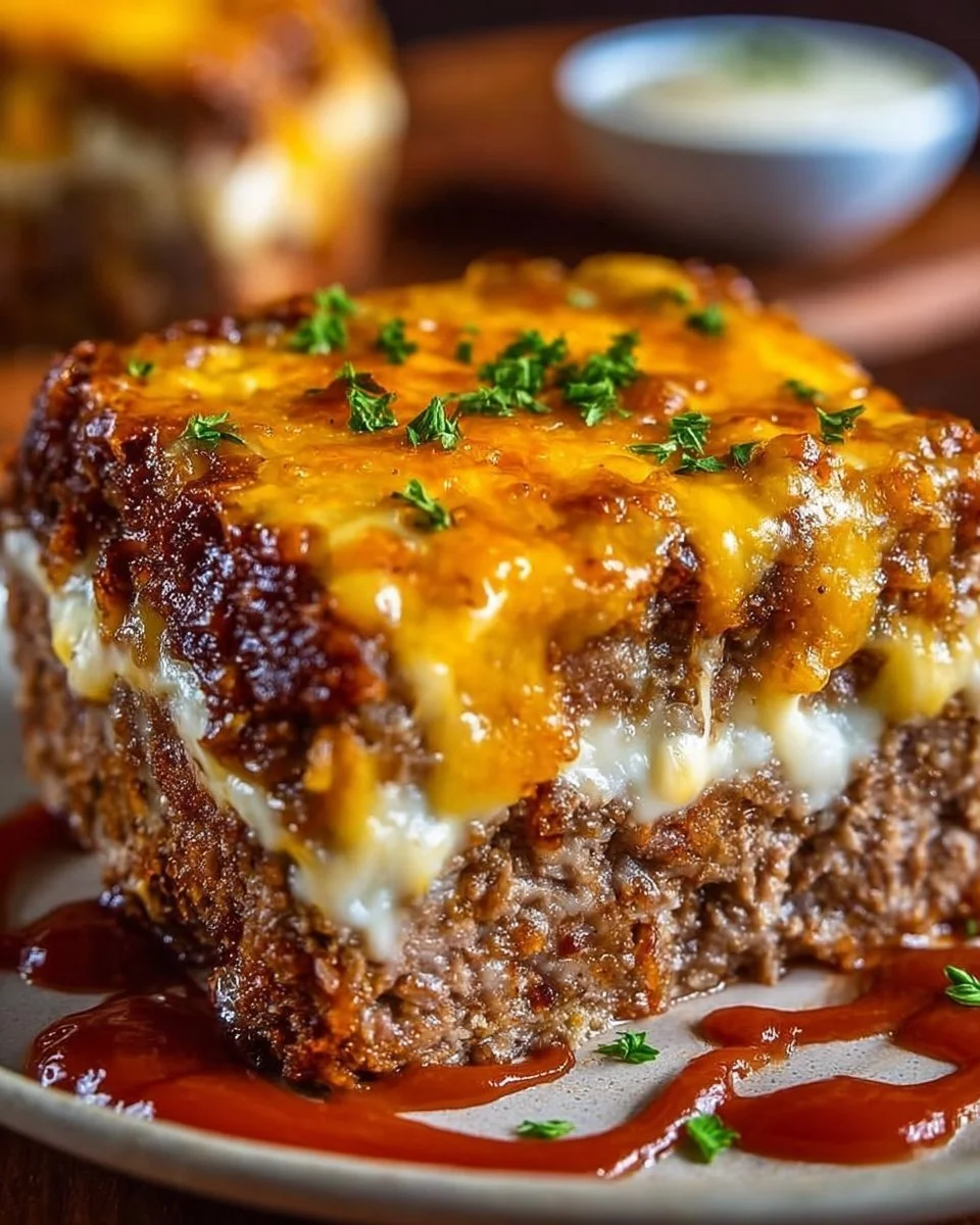 Delicious Cheesy Meatloaf Casserole served in a baking dish