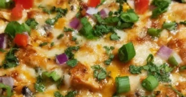 Delicious Chicken Burrito Casserole topped with cheese and fresh ingredients