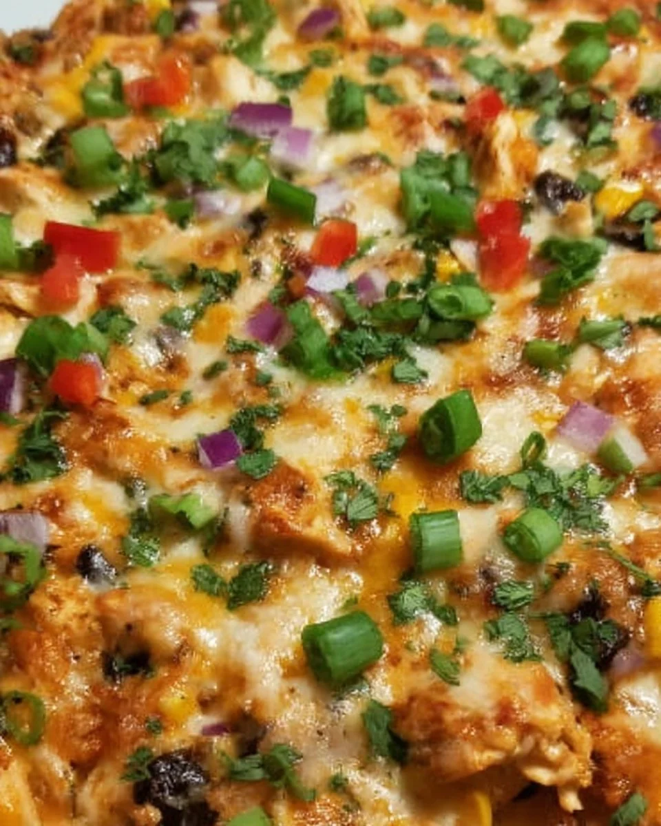 Delicious Chicken Burrito Casserole topped with cheese and fresh ingredients