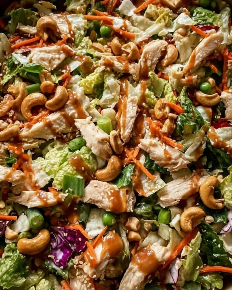 A vibrant Chicken Cashew Crunch Salad with fresh vegetables and crunchy cashews.