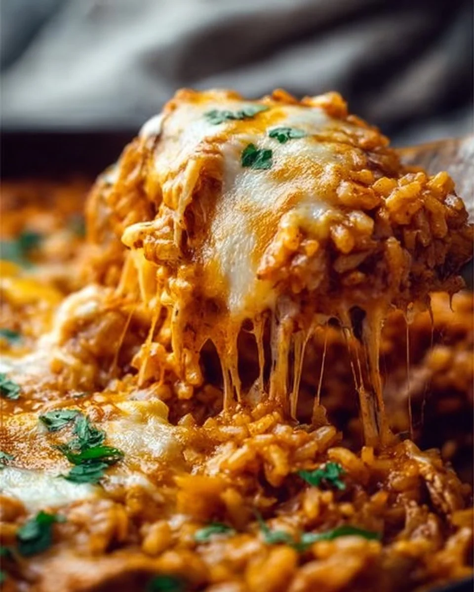 Delicious Chicken Enchilada Rice Casserole topped with cheese and cilantro.