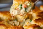 Delicious Chicken Pot Pie with flaky biscuits on top, served hot in a dish.