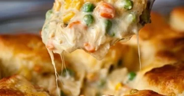 Delicious Chicken Pot Pie with flaky biscuits on top, served hot in a dish.