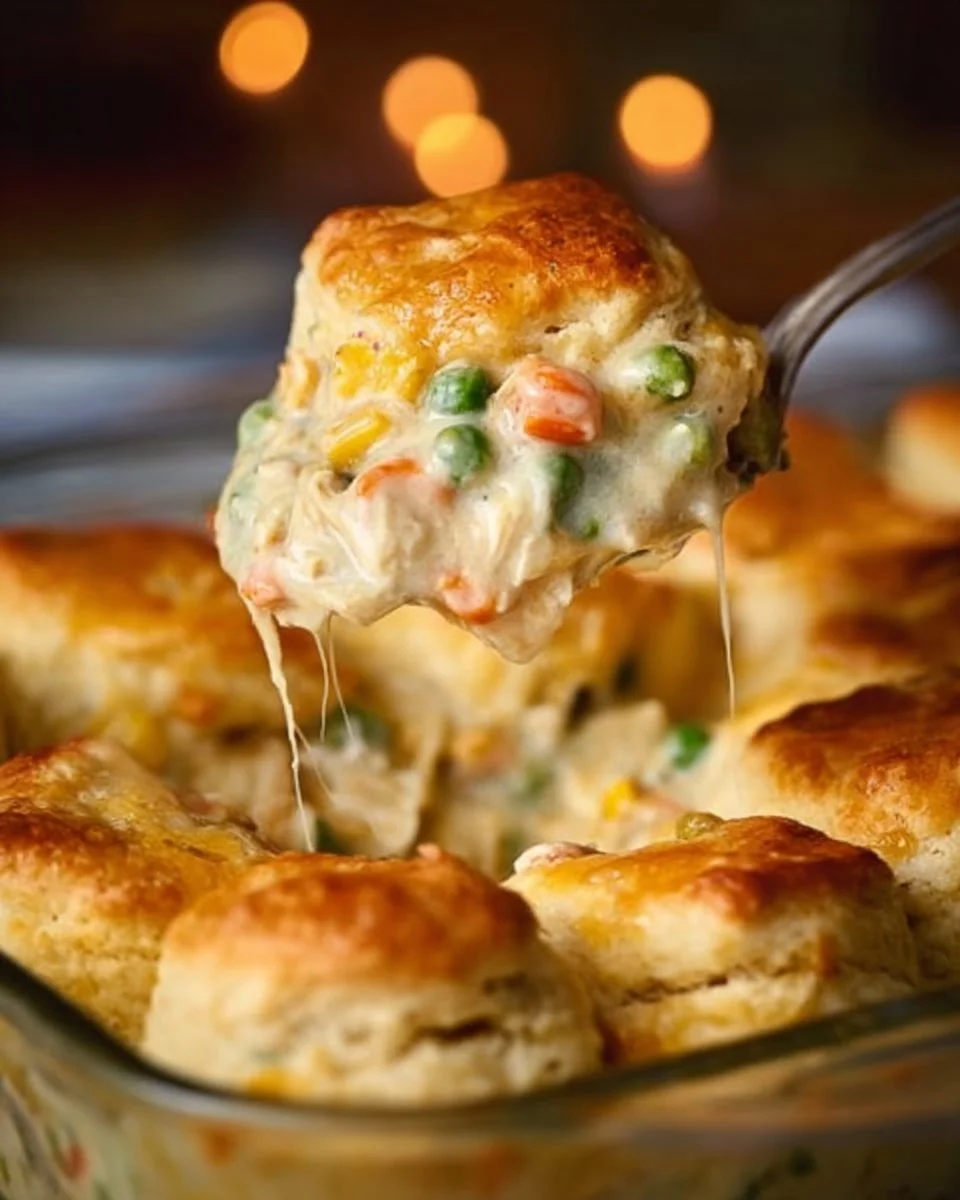 Delicious Chicken Pot Pie with flaky biscuits on top, served hot in a dish.