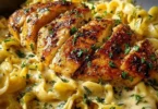 Delicious chicken dish served with buttered noodles