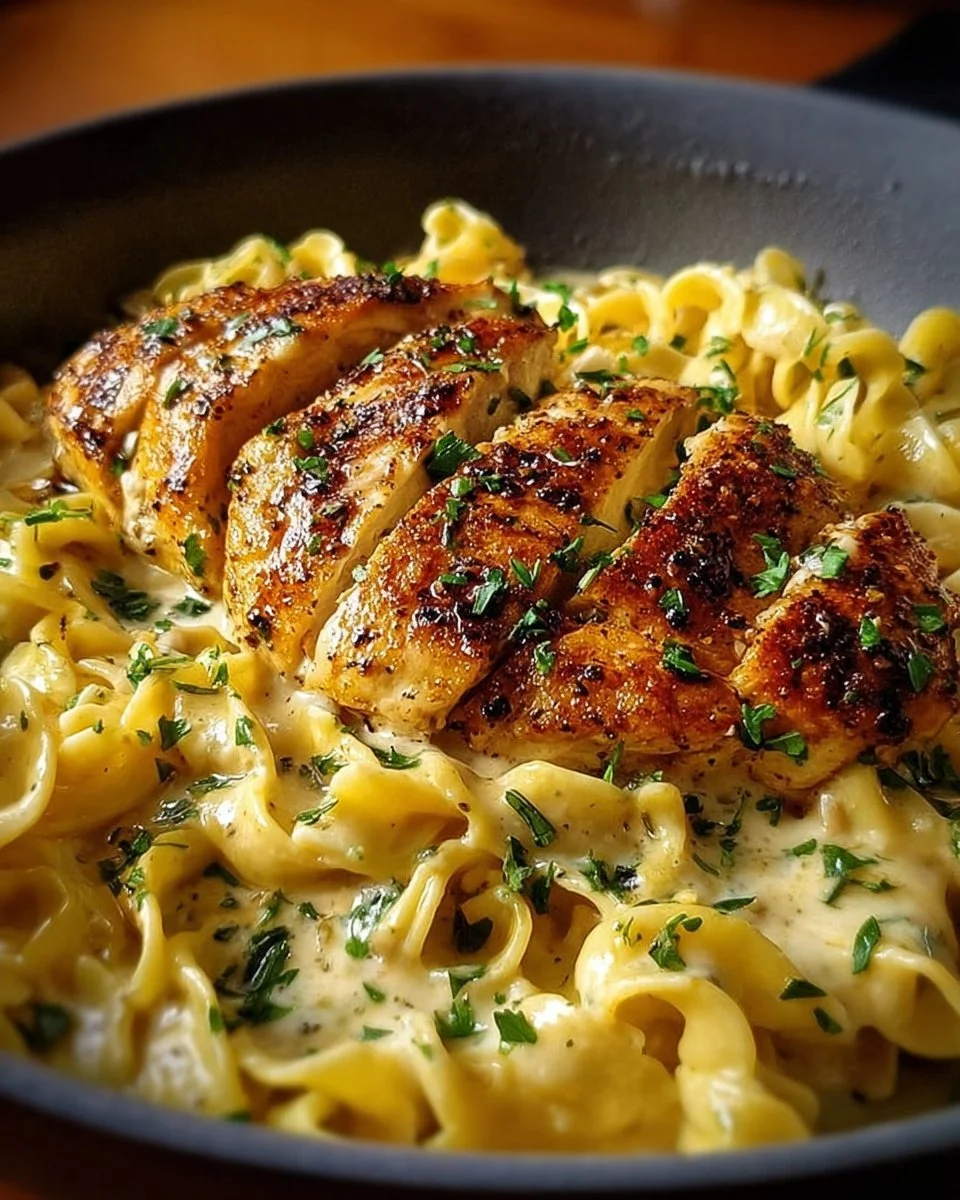 Delicious chicken dish served with buttered noodles