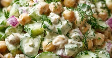 Chickpea and cucumber salad with creamy yogurt dressing in a bowl