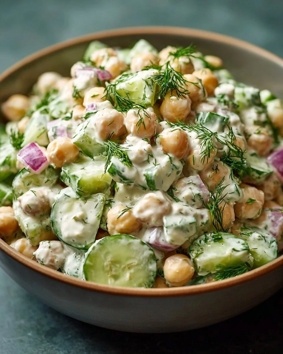 Chickpea and cucumber salad with creamy yogurt dressing in a bowl