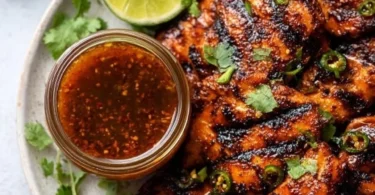 Bottle of homemade chili lime marinade next to fresh limes and chili peppers.