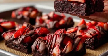 Delicious chocolate covered strawberry brownies on a white plate